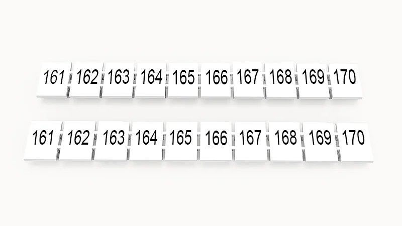 Марк.  полоска ZB8-10P-19-22Z(H) - Маркировочные шильдики для клемм WS…, DC…, PC…, сечением 6 мм кв., центральная, 10 шильдиков нанесенные символы: 161-170, с вертикальным расположением, размер шильдика: 7,45х10,7 мм, цвет белый