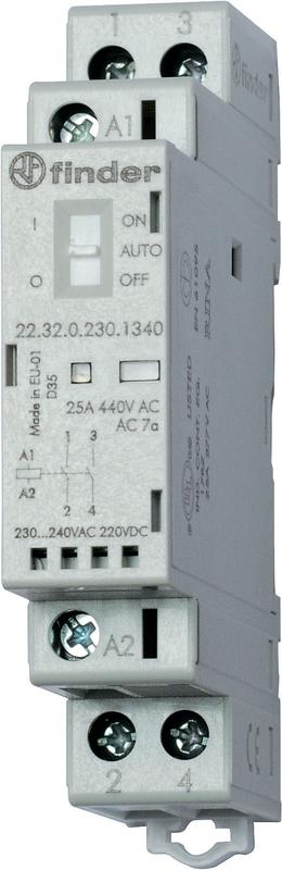Контактор модульный 2NO 25А AgSnO2 24В AC/DC 17.5мм IP20 опции: переключатель Авто-Вкл-Выкл + мех. индикатор + LED 223200244340