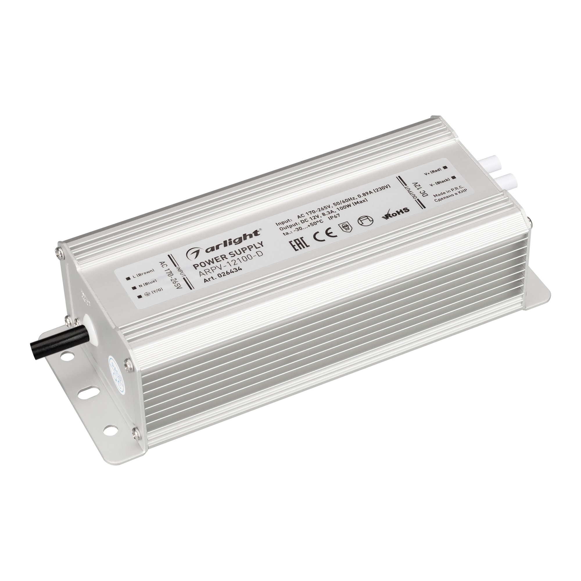 Блок питания ARPV-12100-D (12V, 8.3A, 100W) 026434 - Источник напряжения с гальванической развязкой для светодиодных изделий. Входное напряжение 170-265 VAC. Выходные параметры: 12 В, 8,3 А, 100 Вт. Встроенный PFC >0,5. Герметичный алюминиевый корпус IP 6