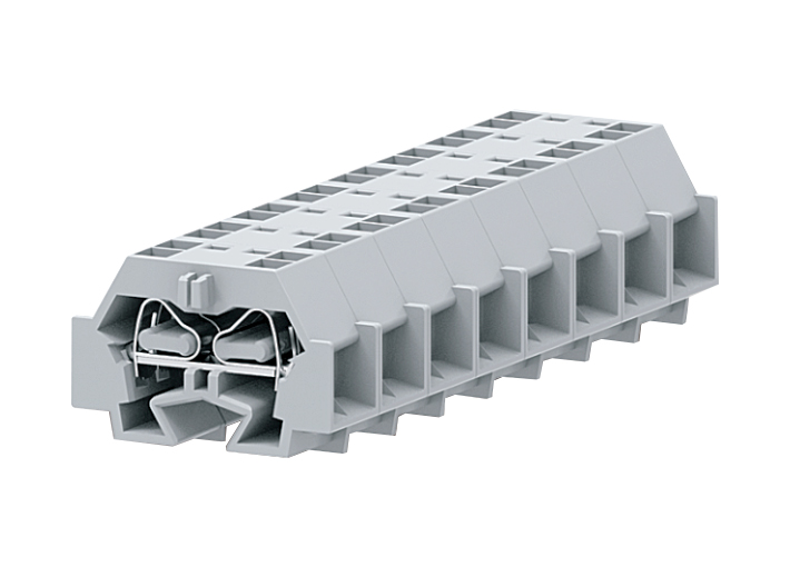 Клемма мини 242353 - Мини клемма, боковой подвод кабеля, 4 точки подключения в клемме, тип фиксации провода: пружинный, номинальное сечение: 4 мм кв., 24A, 630V, цвет: светло-серый, тип монтажа: DIN15