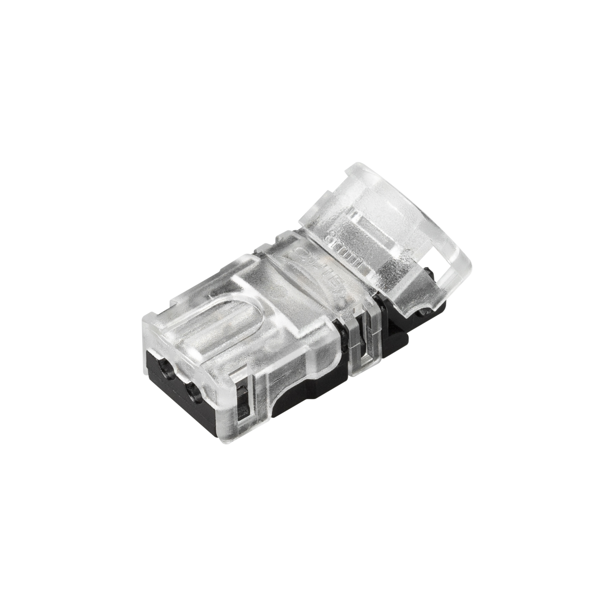 Коннектор HIP-GERM-MONO-8-2pin-STW 031959 - Одиночный коннектор (без провода) для подключения питания к одноцветным герметичным (IP54/IP65) лентам SE (заливка силиконом сверху) шириной 8 мм. Очистка провода питания (0,34-0,75 мм2) от изоляции не требуется