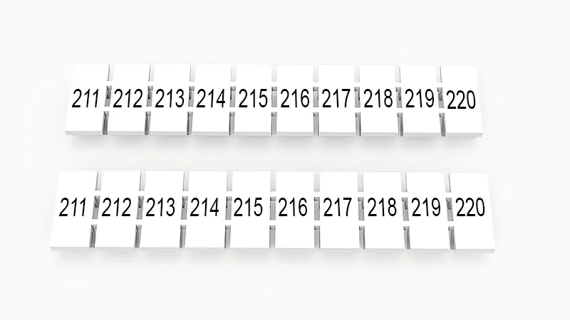 Марк.  полоска ZB5-10P-19-233Z(H) - Маркировочные шильдики для клемм WS…, DC…, PC…, сечением 2,5 мм кв., центральная, 10 шильдиков, нанесенные символы: 211-220 с вертикальным расположением, размер шильдика: 4,55х10,7 мм, цвет белый