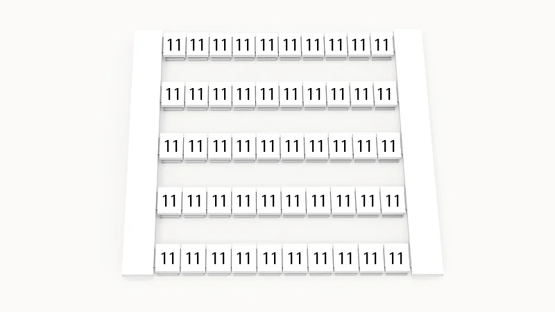 Марк. кассета DEK5-50P-19-85Z(H) - Маркировочные шильдики для клемм WS…, сечением 2,5 мм кв., боковая, 50 шильдиков, нанесенные символы: 11, по 5 полосок,с вертикальным расположением, размер шильдика: 4,8х5,5 мм, цвет белый