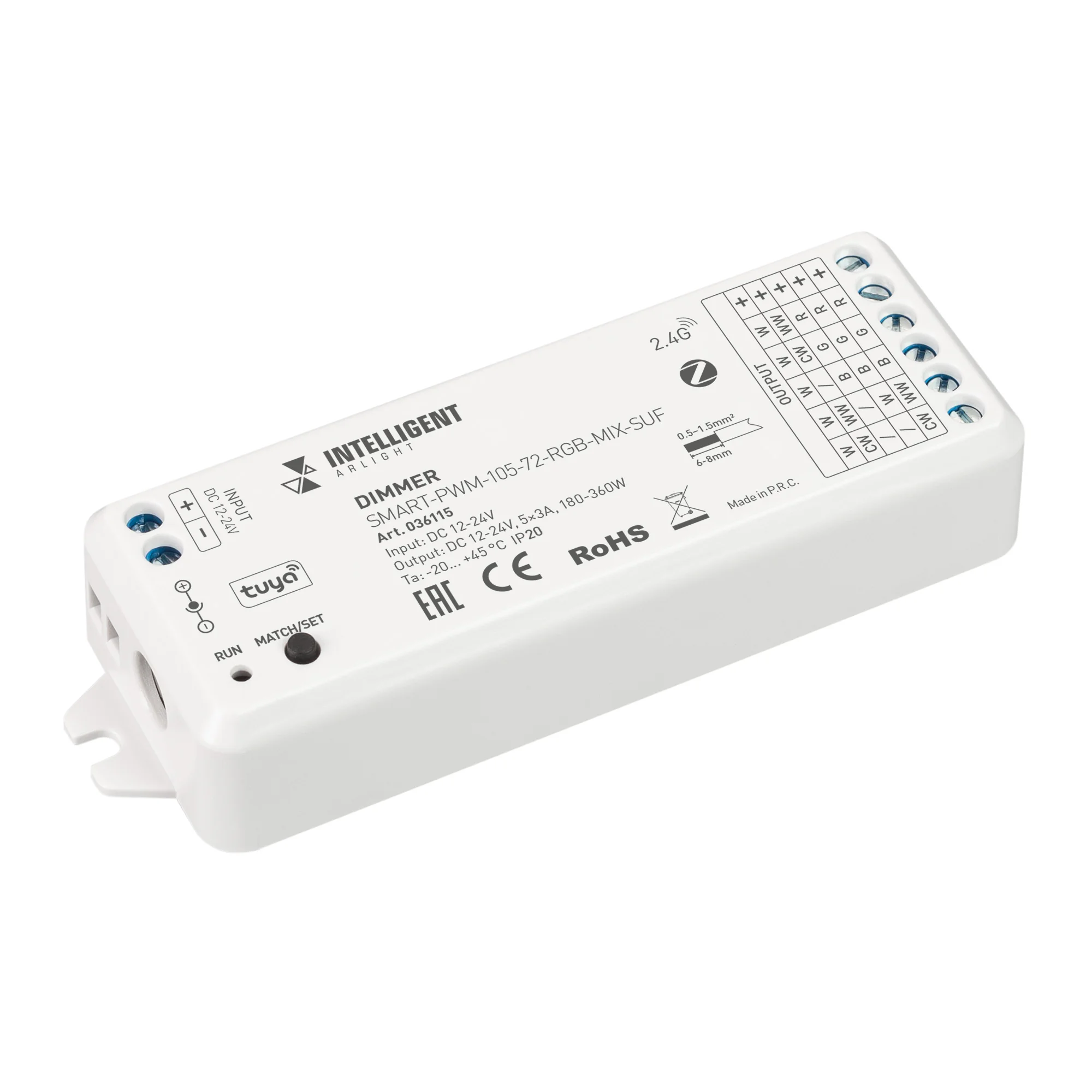 INTELLIGENT ARLIGHT Диммер SMART-PWM-105-72-RGB-MIX-SUF (12-24V, 5x3A, ZB, 2.4G) 036115 - Многофункциональный 5-канальный контроллер для светодиодных DIM (1 канал), MIX (2 канала), RGB (3 канала), RGBW (4 канала) и RGBW-MIX (5 каналов) лент и модулей (ШИМ