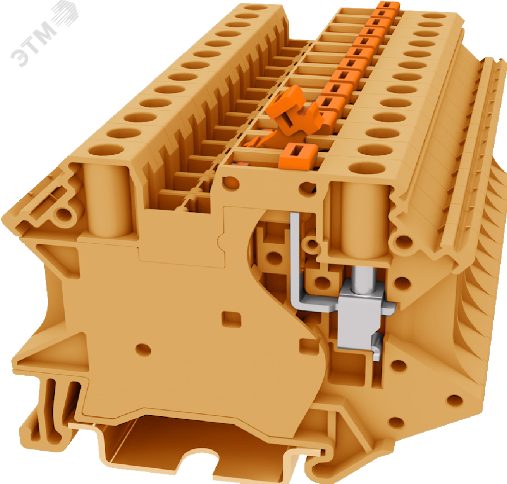 Клемма с размыкат. TU4-MT-OG - Клемма с ножевым размыкателем, тип фиксации провода: винтовой, номинальное сечение: 4 мм кв., 20A, 500V, ширина: 6,2 мм, цвет: оранжевый, тип монтажа: DIN 35