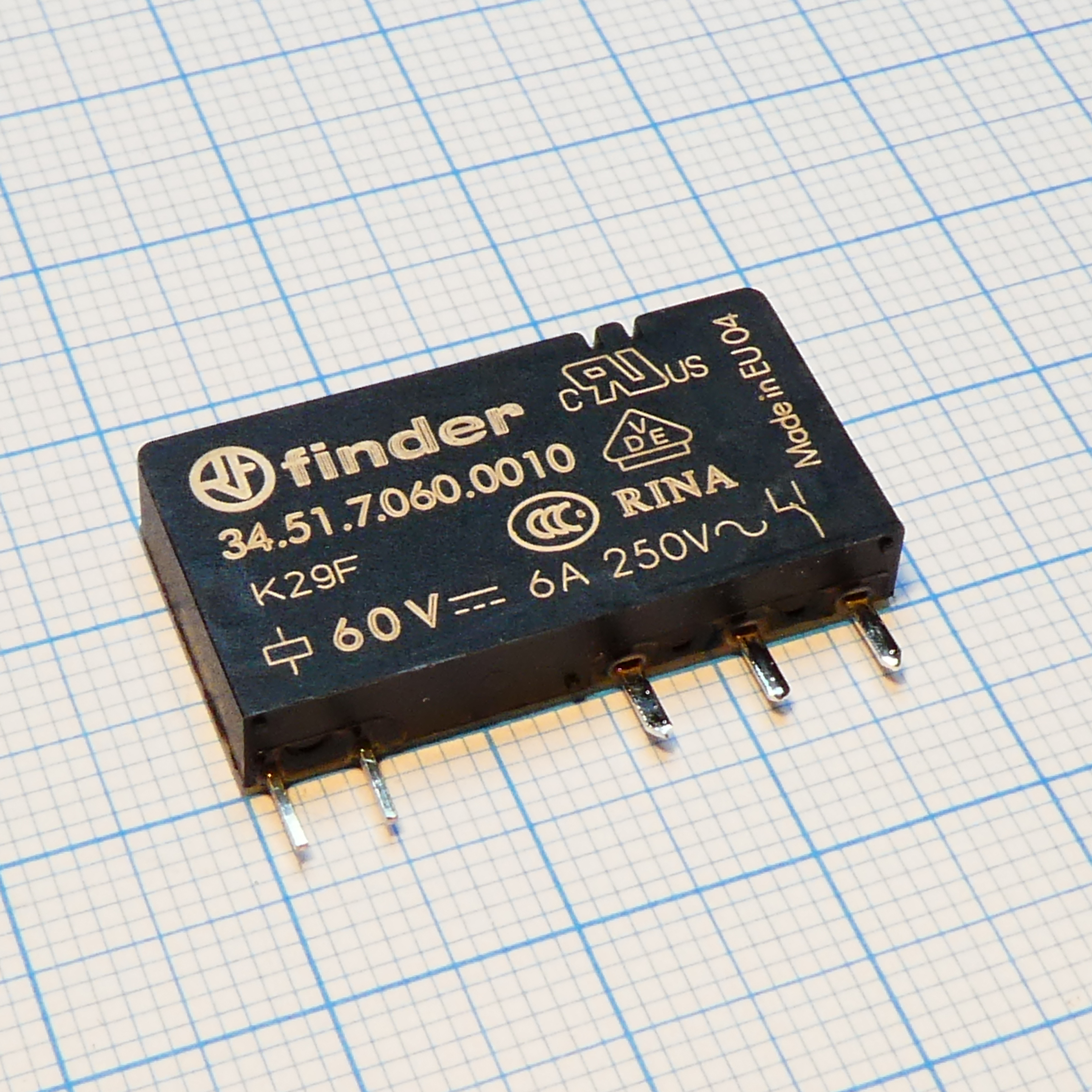 34.51.7.060.0010 - Ультратонкое электромеханическое реле; монтаж на печатную плату; 1CO 6A; контакты AgNi; катушка 60В DC (чувствит.); степень защиты RTII