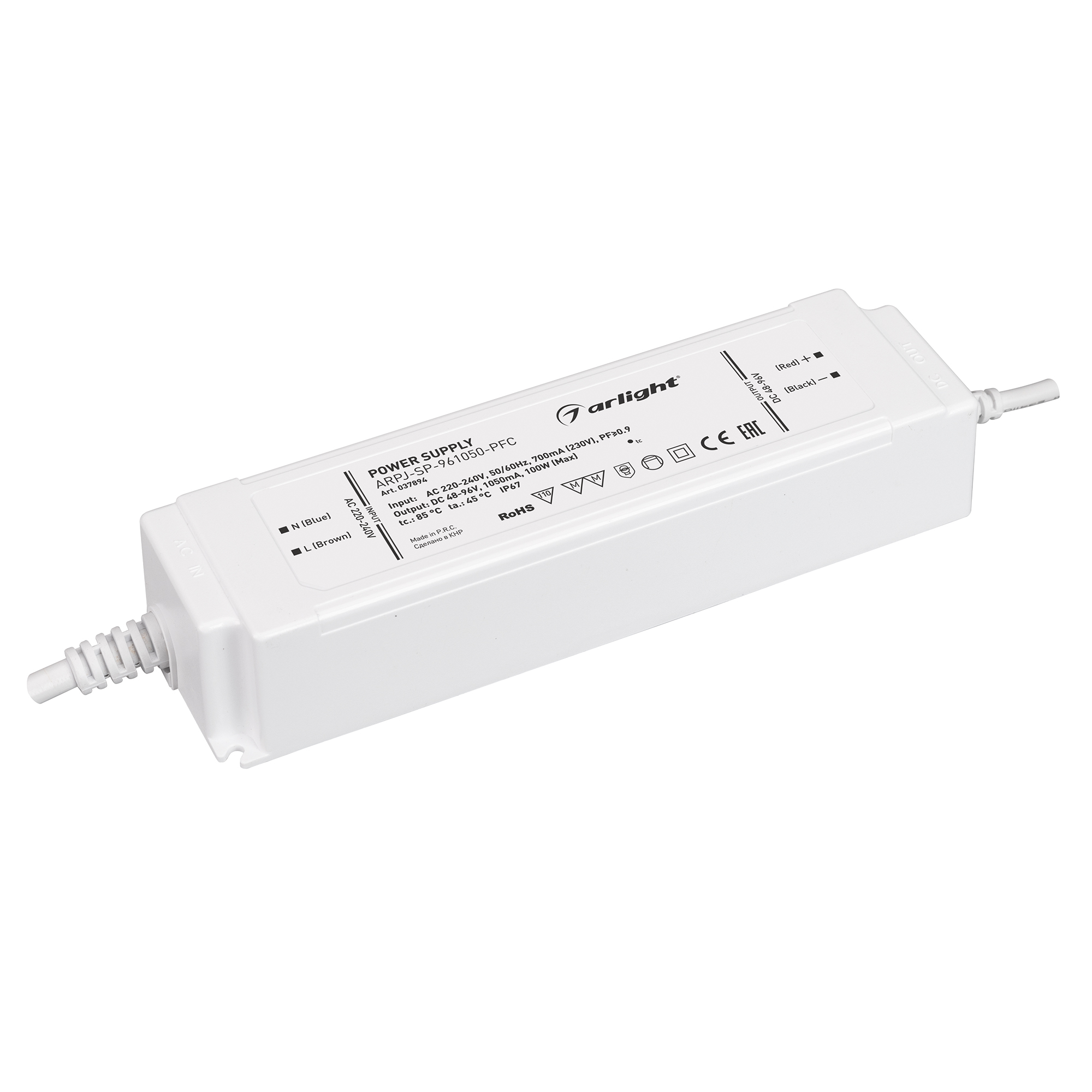 Блок питания ARPJ-SP-961050-PFC (100W, 48-96V, 1.05A) 037894 - Источник тока с гальванической развязкой для светильников и мощных светодиодов. Входное напряжение 220-240 VAC. Выходные параметры: 48-96 В, 1050 mА, 100 Вт. Встроенный PFC >0.9. Герметичный п
