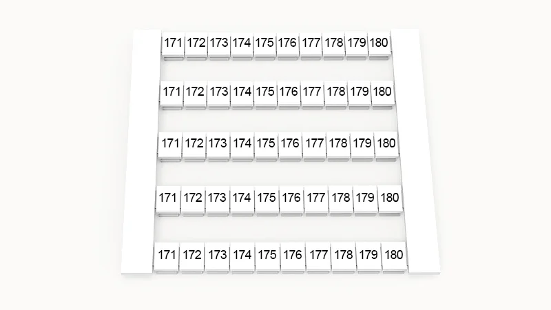 Марк. кассета DEK6-50P-19-119Z(H) - Кассета с шильдиками для клемм WS…, сечением 4 мм кв., боковая, 50 шильдиков, нанесенные символы: 171-180, 5 полосок, с вертикальным расположением, размер шильдика: 5,8х5,5 мм, цвет белый