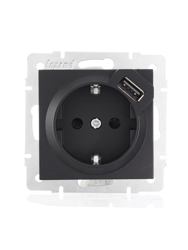 Розетка 1-м СП Vesna с заземл. с заряд. устройством USB механизм черн. бархат 742-4288-181