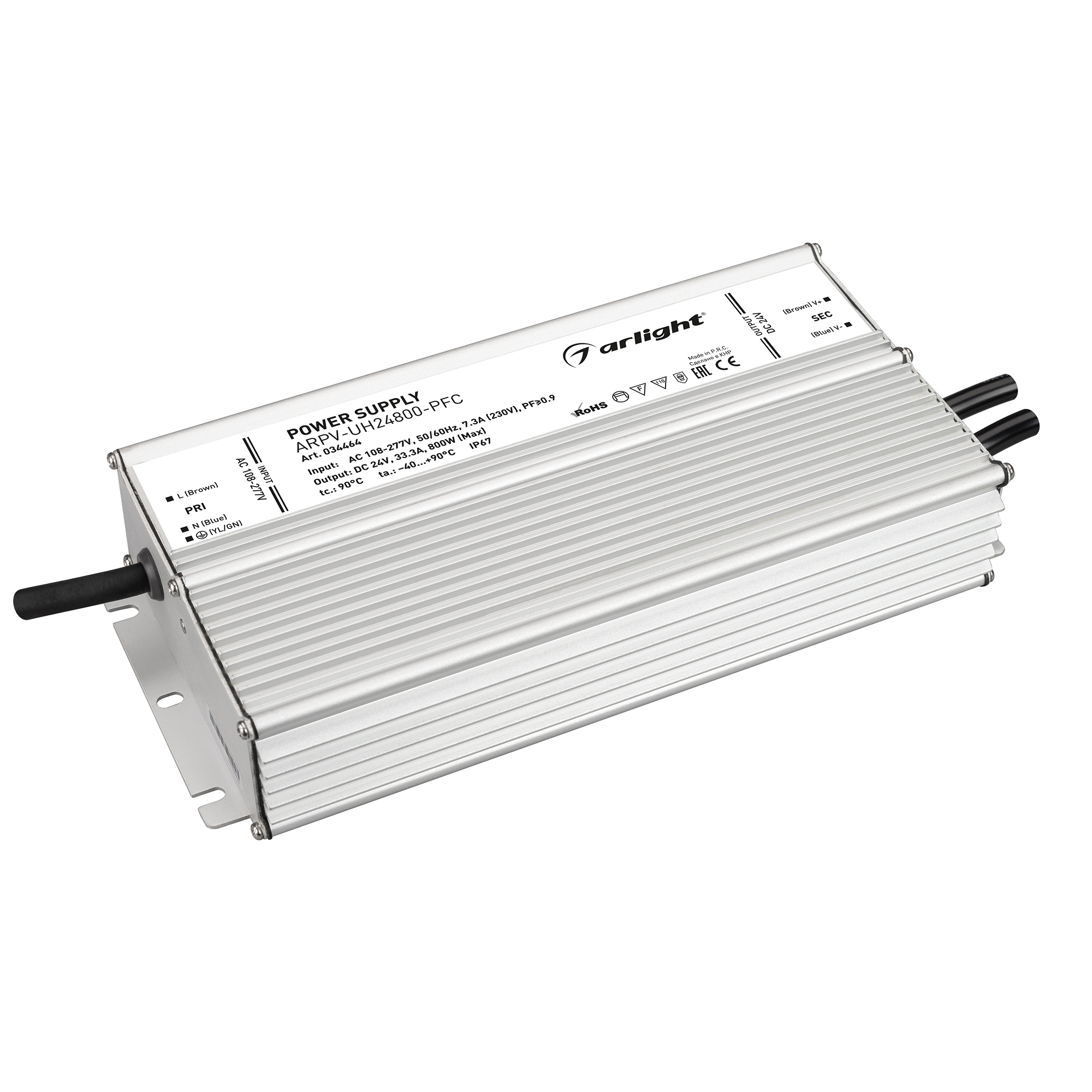 Блок питания ARPV-UH24800-PFC (24V, 33.3A, 800W) 034464 - Источник напряжения с гальванической развязкой для светодиодных изделий. Входное напряжение 108-277 VAC. Выходные параметры: 24 В, 33.3 А, 800 Вт. Встроенный PFC >0.9. Герметичный алюминиевый корпу