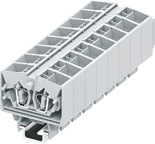 Клемма мини 254393 - Мини клемма, верхний подвод кабеля, 4 точки подключения в клемме, тип фиксации провода: пружинный, номинальное сечение: 2,5 мм кв., 24A, 800V, цвет: светло-серый, тип монтажа: DIN15