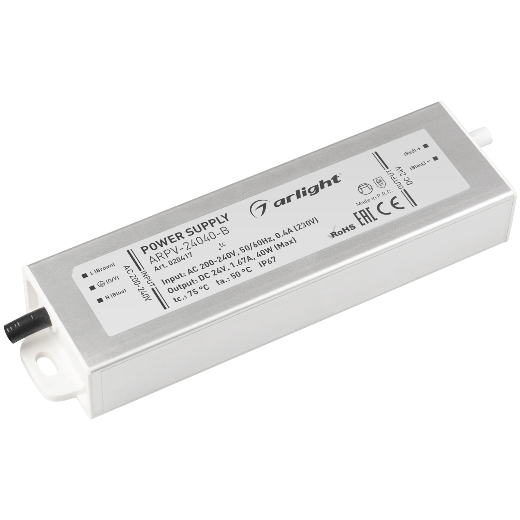 Блок питания ARPV-24040-B (24V, 1.7A, 40W) 020417 - Источник напряжения с гальванической развязкой для светодиодных изделий. Входное напряжение 200-240 VAC. Выходные параметры: 24 В, 1,67 А, 40 Вт. Встроенный PFC >0,5. Герметичный алюминиевый корпус IP 67