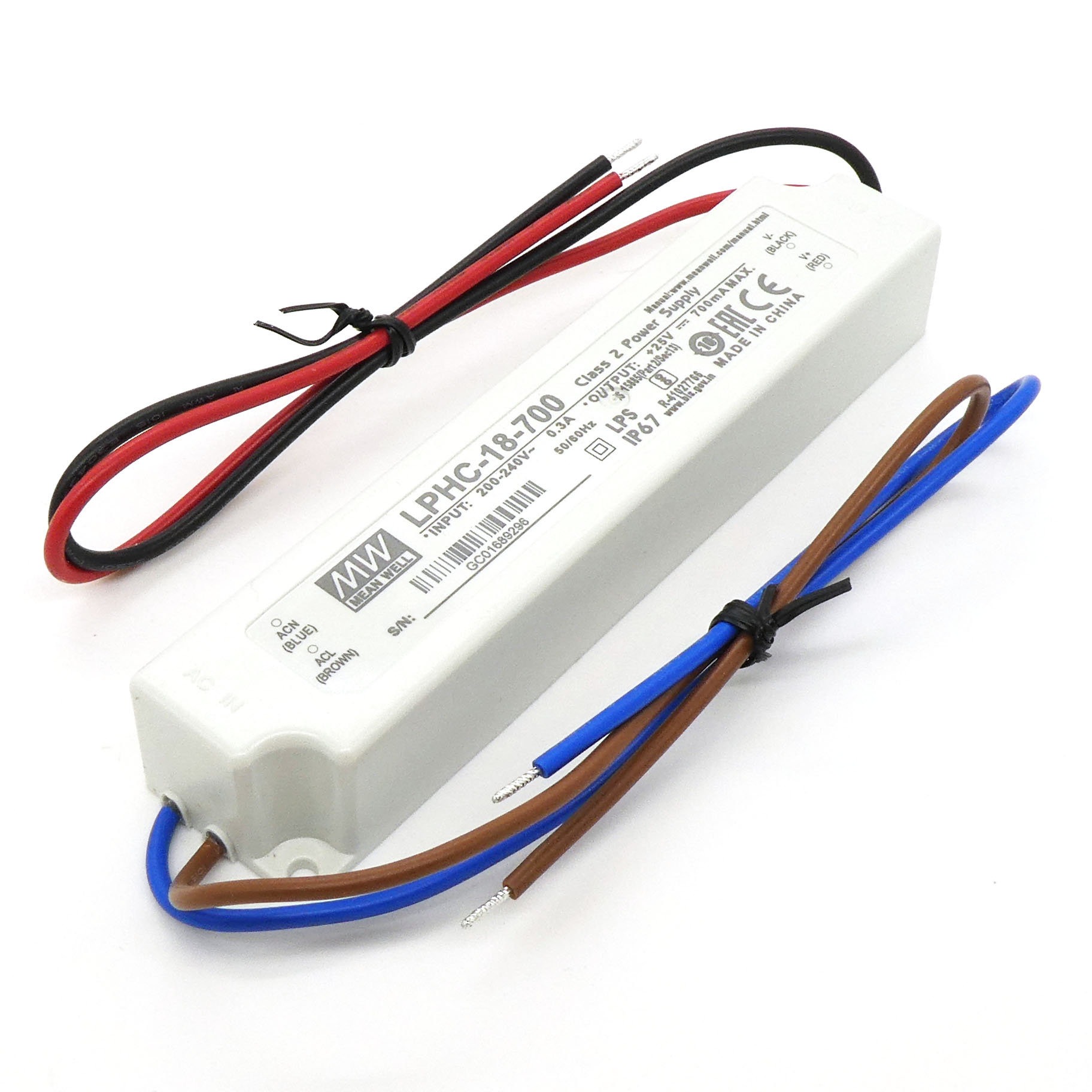 LPHC-18-700 - AC-DC led, 17.5Вт, выход 6...25В/700мА, стаб. тока, IP67, вход 180…264В AC,  изоляция 3000В AC, в кожухе 140х30х20мм, -30…+70°С