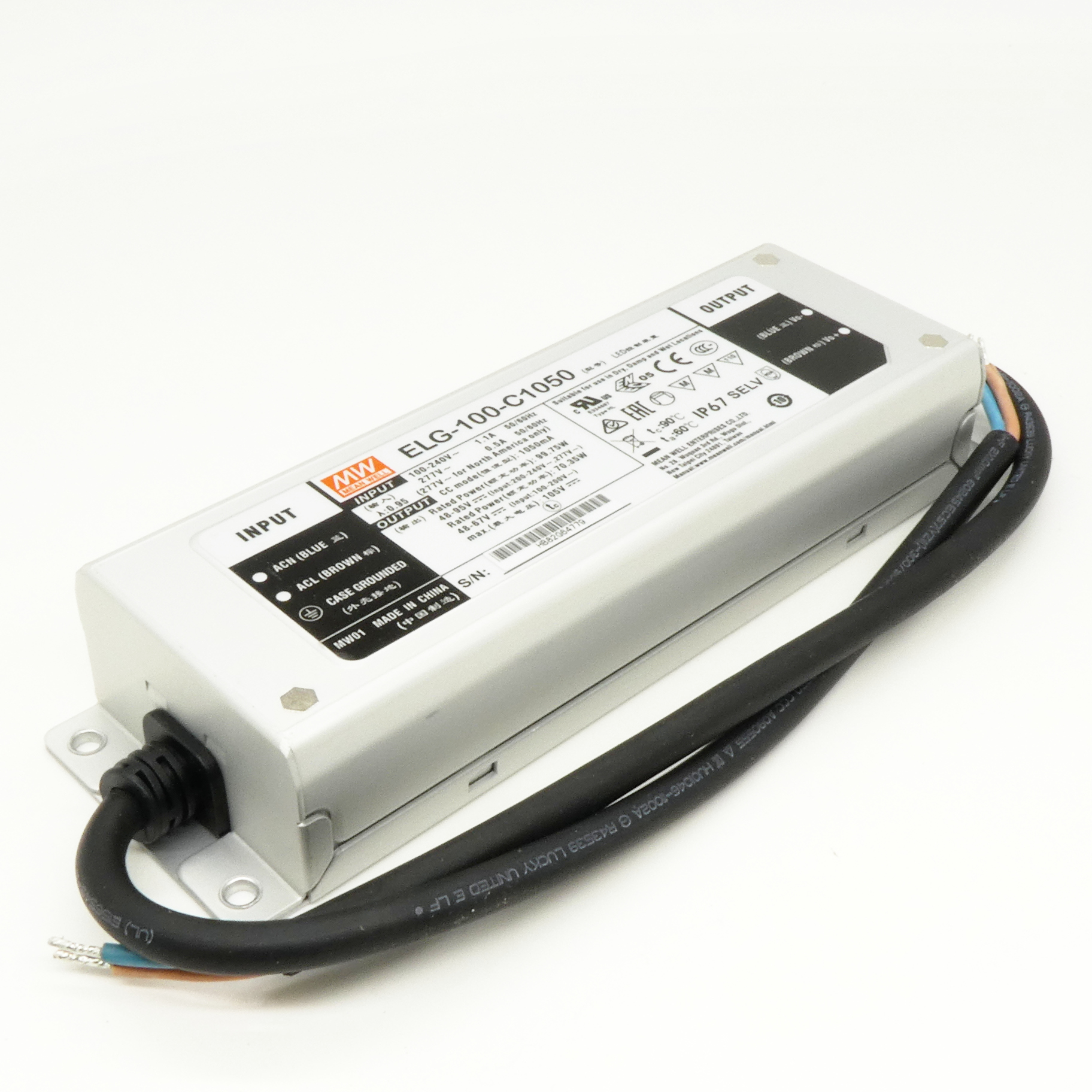 ELG-100-C700DA-3Y - AC-DC, 100.1Вт, IP67, вход 100…305В AC, 47…63Гц/142…431В DC, ККМ, выход 71…143В/700мА, изоляция 3750В AC, в кожухе 199х63х35.5, -40…+70°С, DALI димминг, с проводом заземления
