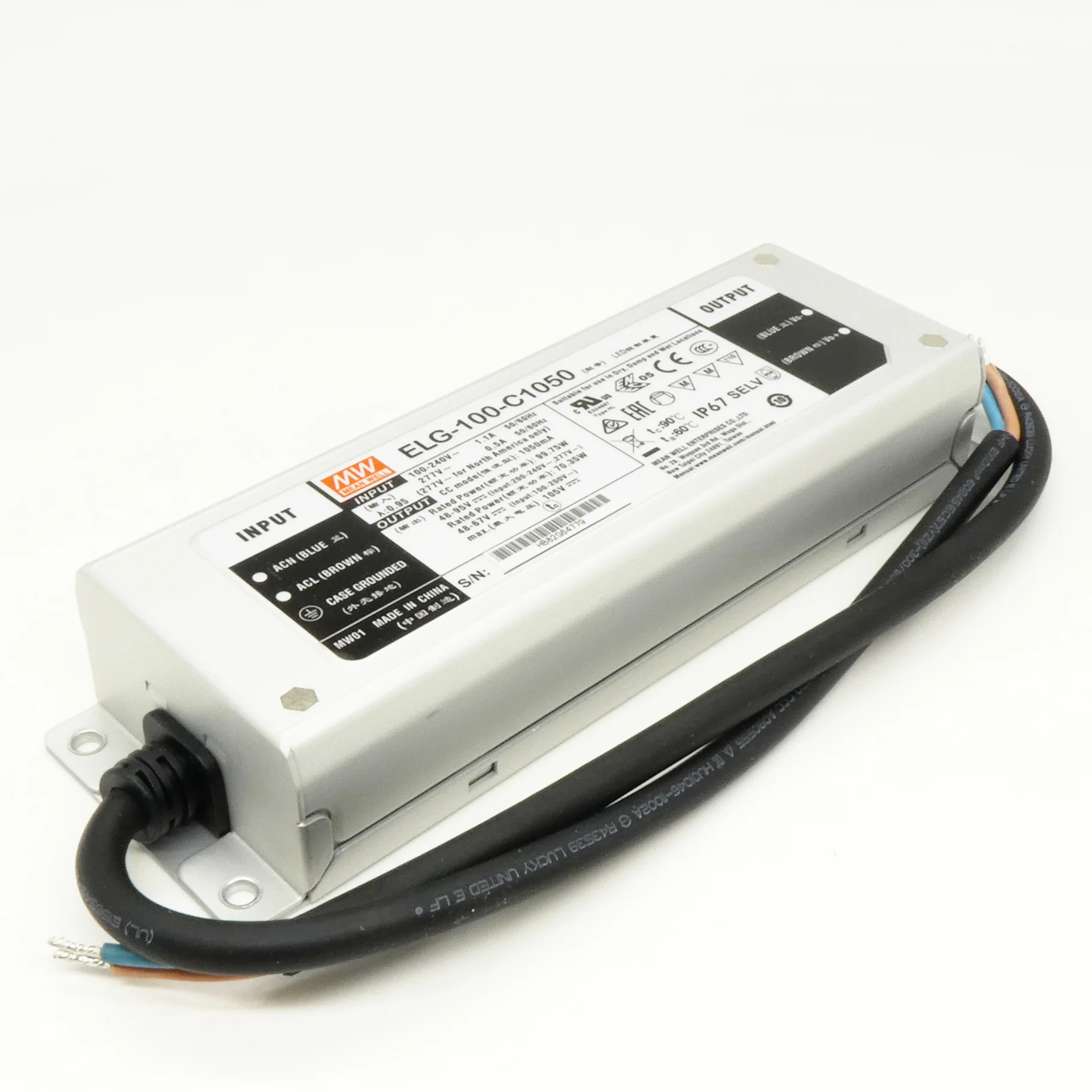ELG-100-C700A - AC-DC, 100.1Вт, IP67, вход 100…305В AC, 47…63Гц/142…431В DC, ККМ, выход 71…143В/700мА, рег. тока 50...100%, изоляция 3750В AC, в кожухе 199х63х35.5, -40…+70°С