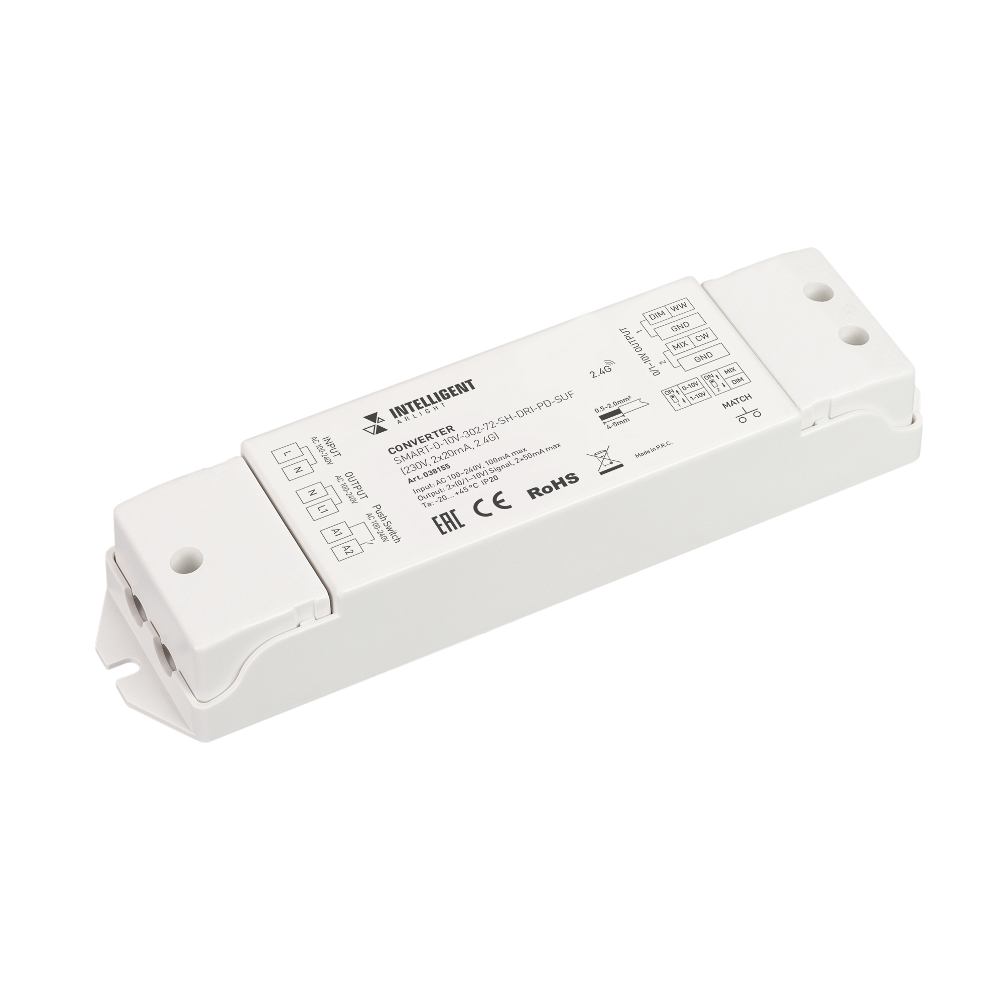 INTELLIGENT ARLIGHT Конвертер SMART-0-10V-302-72-SH-DRI-PD-SUF (230V, 2x20mA, 2.4G) 038155 - Конвертер RF сигнала серии SMART в сигнал 0/1-10V (выбор переключателем на корпусе). Питание AC230V, выходной сигнал 0/1-10V, нагрузочная способность 20mA/канал, 