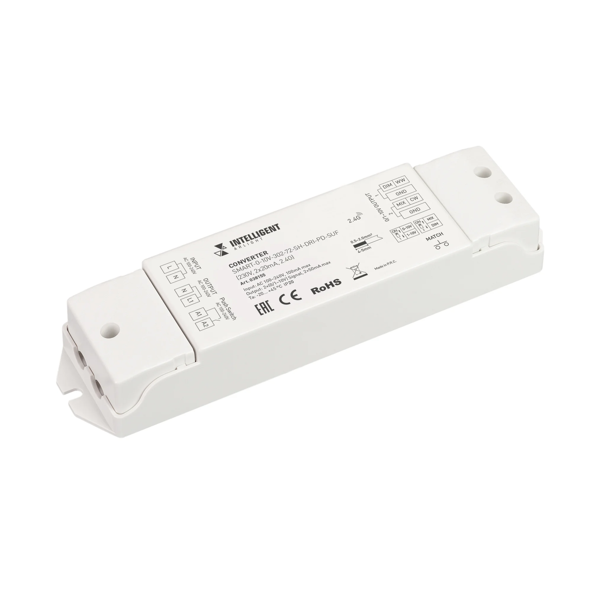 INTELLIGENT ARLIGHT Конвертер SMART-0-10V-302-72-SH-DRI-PD-SUF (230V, 2x20mA, 2.4G) 038155 - Конвертер RF сигнала серии SMART в сигнал 0/1-10V (выбор переключателем на корпусе). Питание AC230V, выходной сигнал 0/1-10V, нагрузочная способность 20mA/канал, 