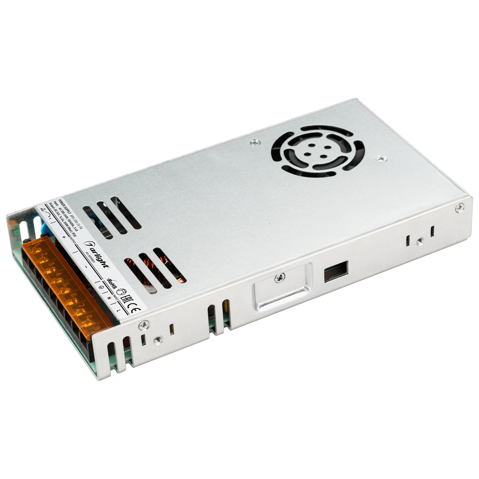 Блок питания ARS-350-24-FA (24V, 14.6A, 350W) 027330(1) - Источник напряжения с гальванической развязкой для светодиодных изделий. Входное напряжение 200-240 VAC. Выходные параметры: 24 В, 14.6 А, 350 Вт. Встроенный PFC >0.5. Негерметичный алюминиевый сет