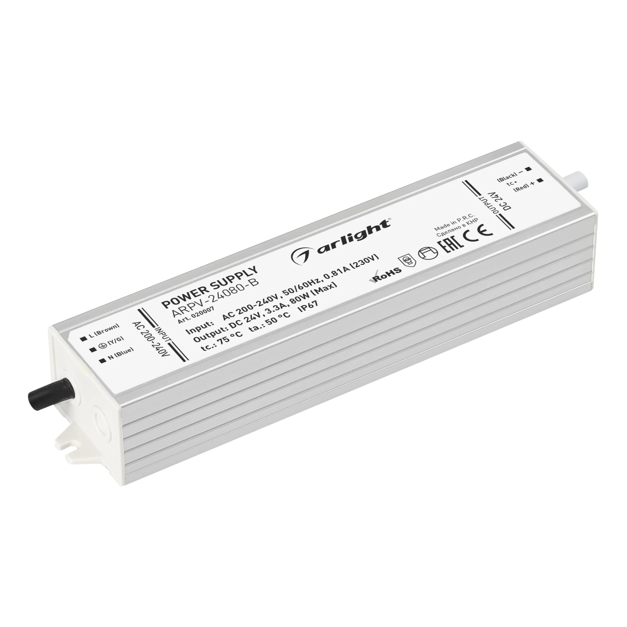 Блок питания ARPV-24080-B (24V, 3.3A, 80W) 020007 - Источник напряжения с гальванической развязкой для светодиодных изделий. Входное напряжение 200-240 VAC. Выходные параметры: 24 В, 3,3 А, 80 Вт. Встроенный PFC >0,5. Герметичный алюминиевый корпус IP 67.