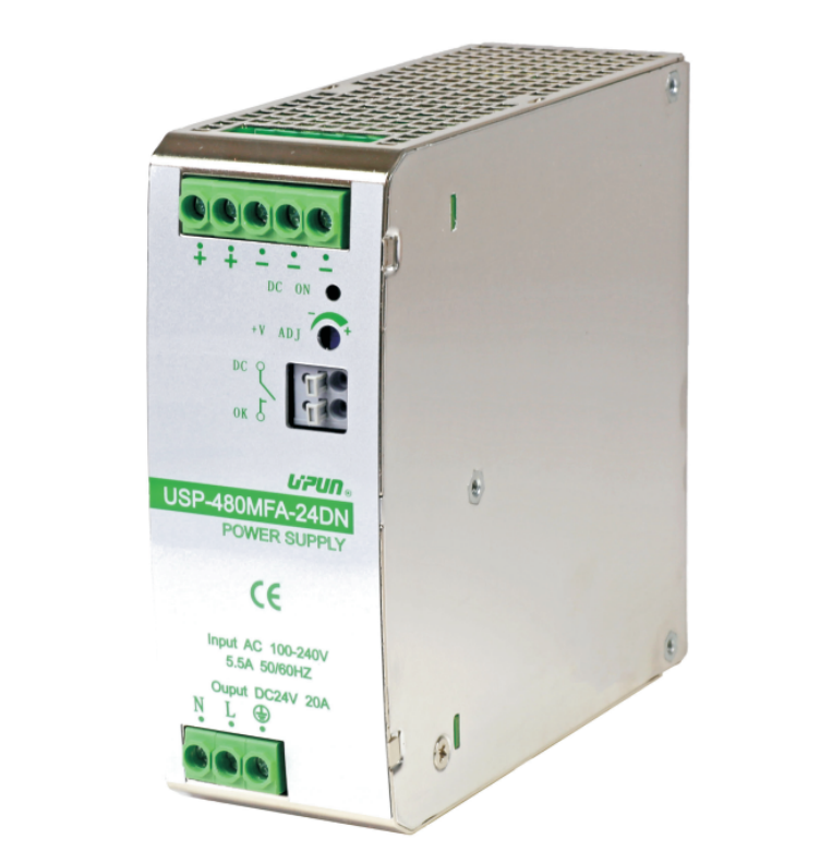 Источник питания USP-480MFA-24DN - Источник питания, однофазный, 24 V DC/20 A, 480W, диапазон входных напряжений: 85 - 264 V AC; габариты (мм): 131,5x48x125, металлический корпус, монтаж: на DIN рейку