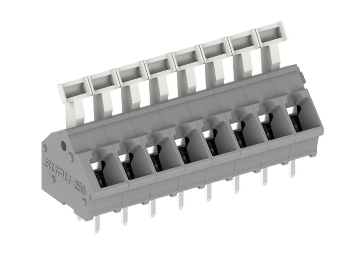 Розеточный разъем на плату 256316 - Клемма, подвод кабеля 45 град., на плату, шаг: 5.0 мм, 16 полюсов, фиксация провода push-in, исполнение: два вывода на контакт, рычажный зажим, 320V, 24A, цвет: серый