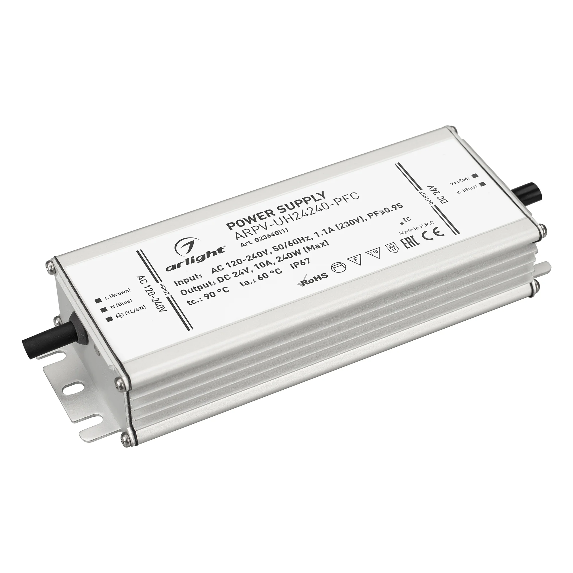 Блок питания ARPV-UH24240-PFC (24V, 10.0A, 240W) 023640(1) - Источник напряжения с гальванической развязкой для светодиодных изделий. Входное напряжение 120-240 VAC. Выходные параметры: 24 В, 10 А, 240 Вт. Встроенный PFC >0.95. Герметичный алюминиевый кор
