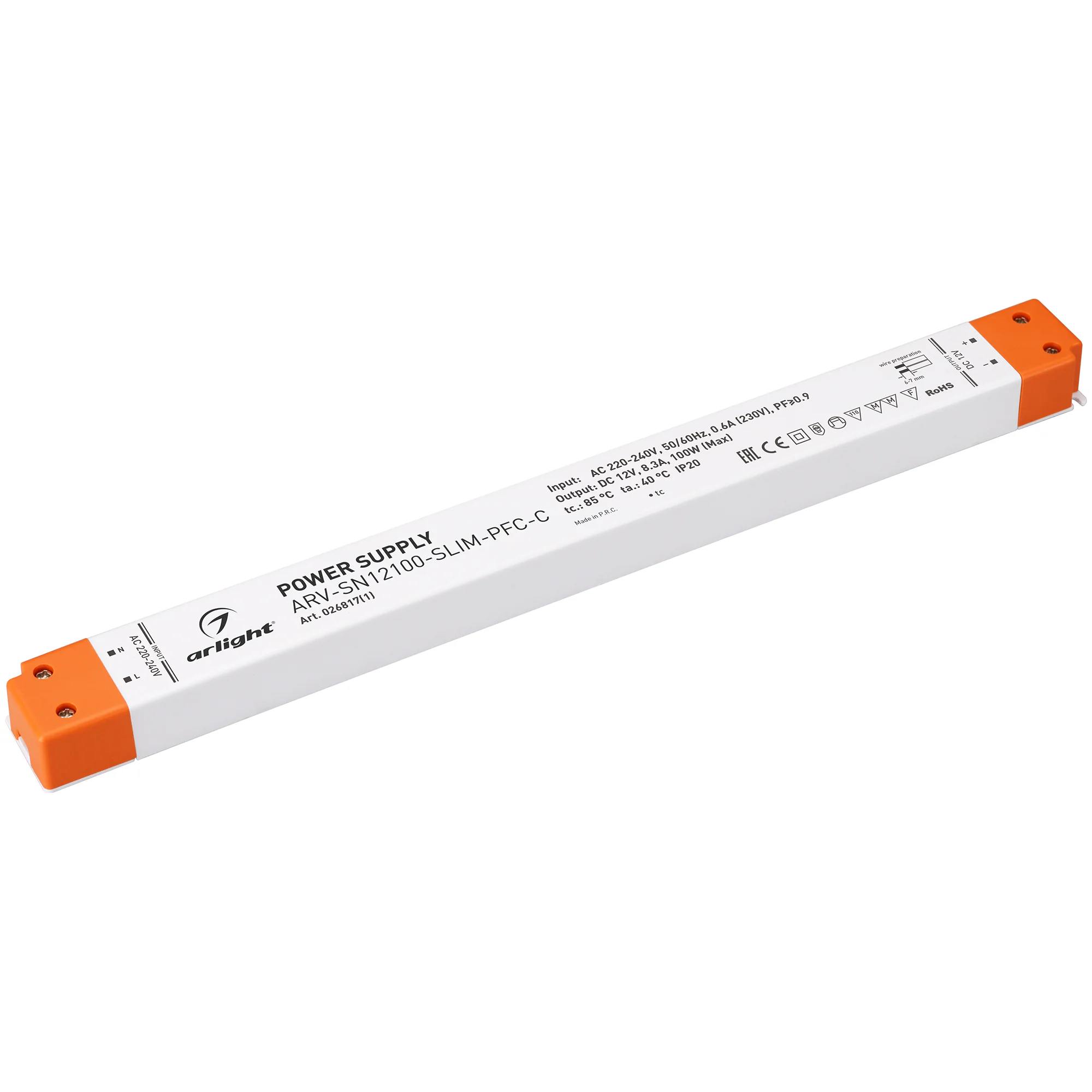 Блок питания ARV-SN12100-SLIM-PFC-C (12V, 8.3A, 100W) 026817(1) - Источник напряжения с гальванической развязкой для светодиодных изделий. Входное напряжение 220-240 VAC. Выходные параметры: 12 В, 8,3 А, 100 Вт. Встроенный PFC >0,9. Негерметичный пластико