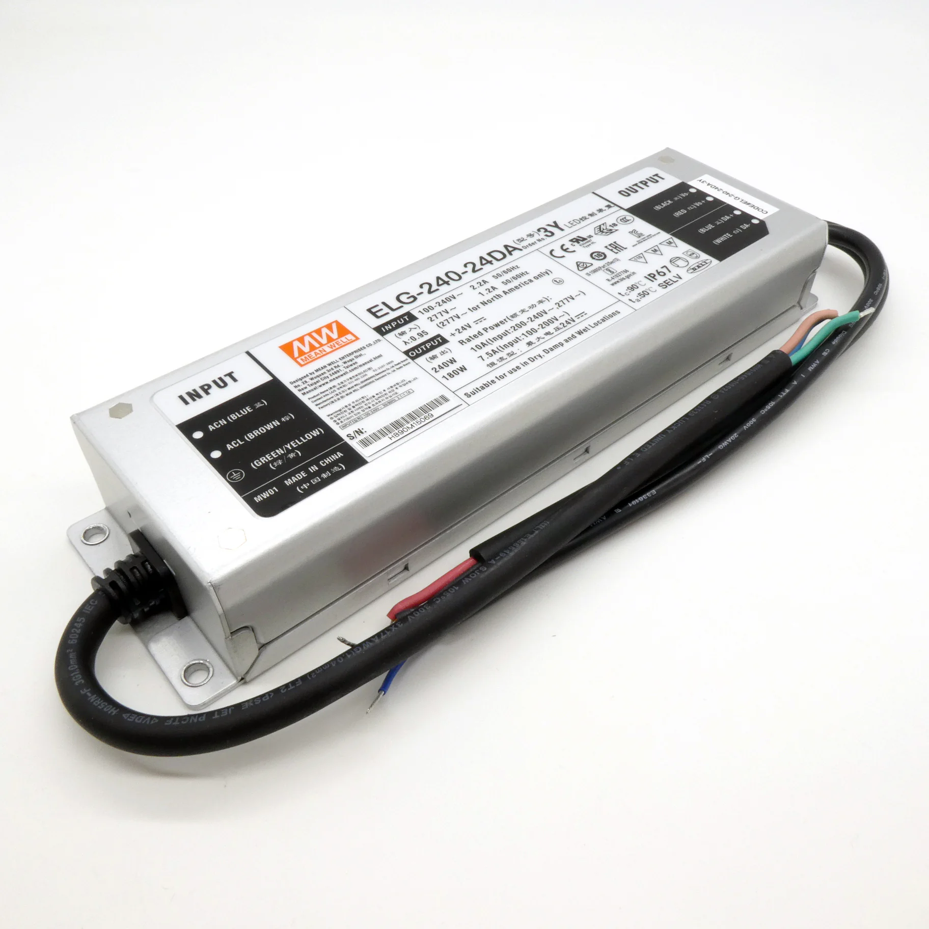 ELG-240-24DA-3Y - AC-DC, 240Вт, IP67, вход 100…305В AC, 47…63Гц/142…431В DC, ККМ, выход 12...24В/10А, изоляция 3750В AC, в кожухе 244х71х37.5мм, -40…+85°С (корпус), DALI димминг, с проводом заземления