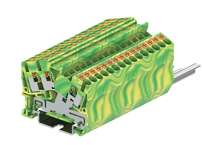 Заземляющая клемма TPS2.5-3-PE - Заземляющая клемма, угловая, 3 точки подключения, тип фиксации провода: push-in, номинальное сечение: 2,5 мм кв., ширина: 5,2 мм, цвет: желто-зеленый, тип монтажа: DIN 35