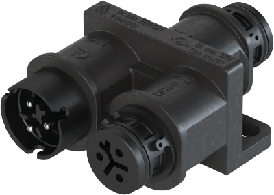 Разветвитель RST08i3VL2P1YF V SW - Распределительное устройство (тройник), 1 вход/2 выхода, IP68(69k), 3 полюса, параллельное соединение, с продольным уплотнением, с монтажными фланцами, цвет: черный, номинальные характеристики: 250V/400V 16A, серия gesis