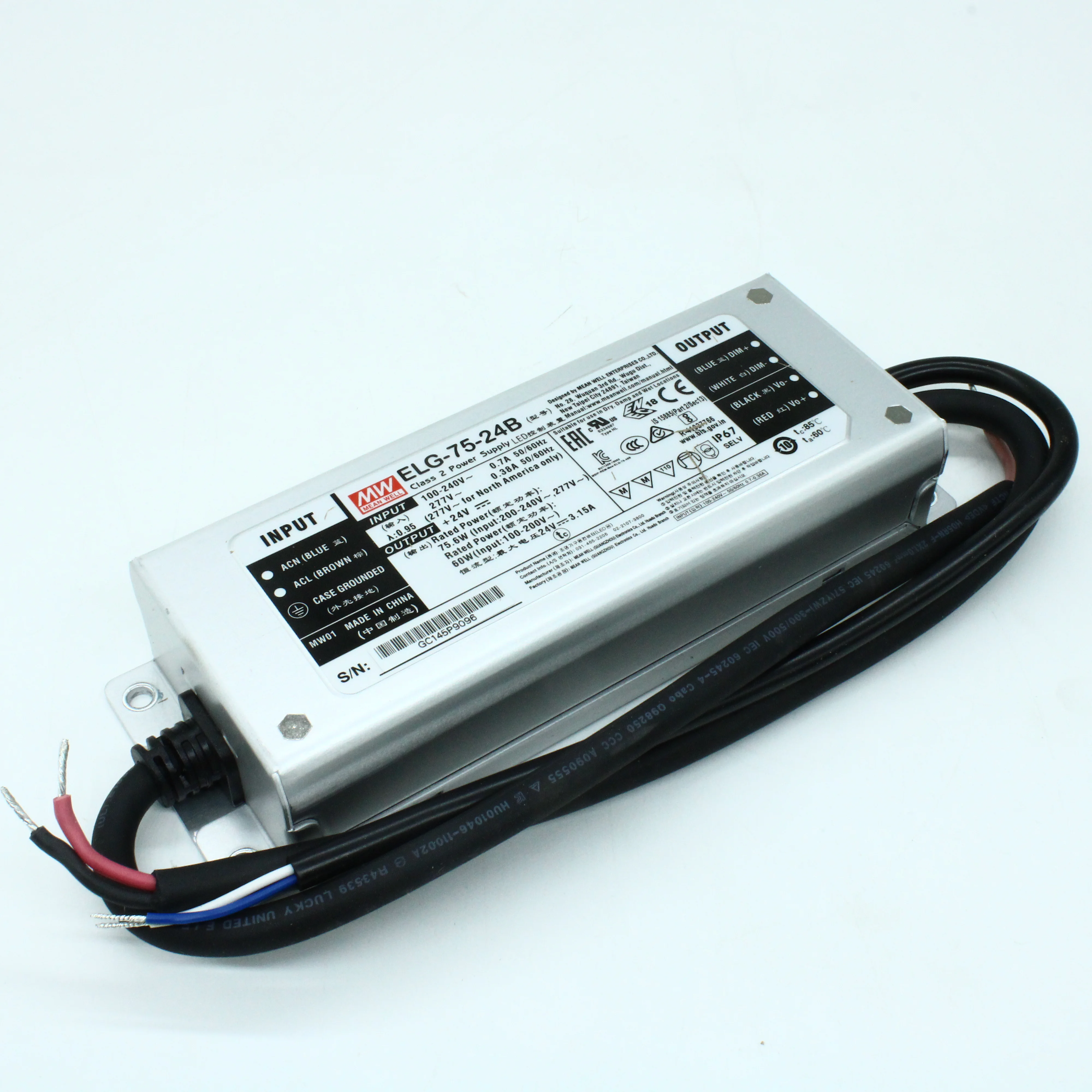 ELG-75-24B - AC-DC, 75.6Вт, IP67, вход 100…305В AC, 47…63Гц/142…431В DC, ККМ, выход 12…24В/3.15А, изоляция 3750В AC, в кожухе 180х63х35,5мм, -40…+85°С (корпус), димминг 3 в 1