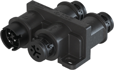 Разветвитель RST08i3VL3P1HF V SW - Распределительное устройство (тройник), 1 вход/3 выхода, IP68(69k), 3 полюса, параллельное соединение, с продольным уплотнением, с монтажными фланцами, цвет: черный, номинальные характеристики: 250V/400V 16A, серия gesis