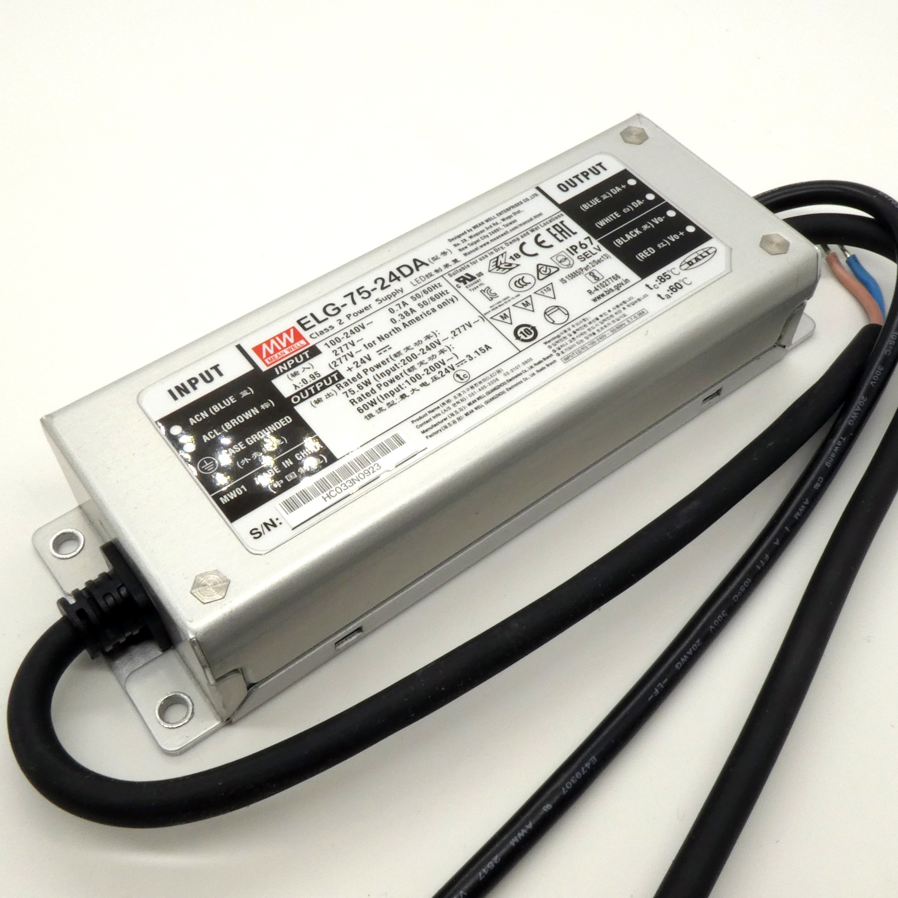 ELG-75-24DA - AC-DC, 75.6Вт, IP67, вход 100…305В AC, 47…63Гц/142…431В DC, ККМ, выход 12…24В/3.15А, изоляция 3750В AC, в кожухе 180х63х35,5мм, -40…+85°С (корпус), DALI димминг