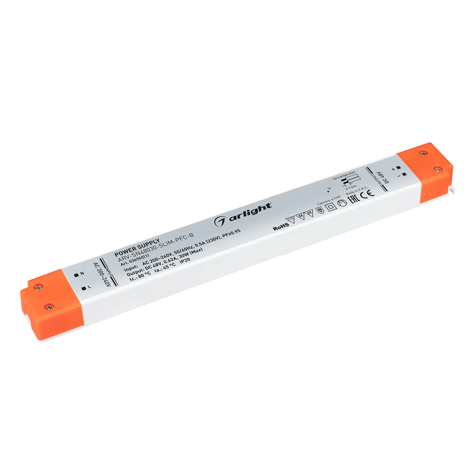 Блок питания ARV-SN48030-SLIM-PFC-B (48V, 0.63A, 30W) 036965(1) - Источник напряжения с гальванической развязкой для светодиодных изделий. Входное напряжение 220-240 VAC. Выходные параметры: 48 В, 0.62 А, 30 Вт. Встроенный PFC >0.9. Сверхтонкий пластиковы