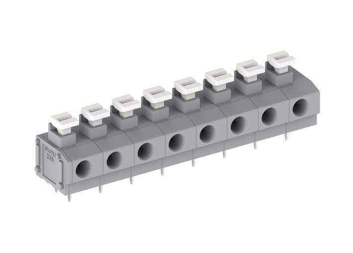Розеточный разъем на плату 235301/010 - Клемма, горизонтальный подвод кабеля, на плату, шаг: 7.5 мм, 1 полюс, фиксация провода push-in, исполнение: два вывода на контакт, 630V, 17,5A, цвет: серый