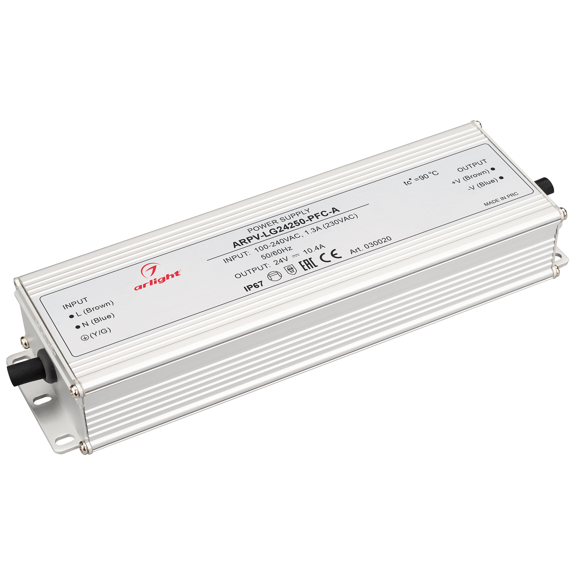 Блок питания ARPV-LG24250-PFC-A (24V, 10.4A, 250W) 030020 - Источник напряжения с гальванической развязкой для светодиодных изделий. Входное напряжение 100-240 VAC. Выходные параметры: 24 В, 10.4 А, 250 Вт. Встроенный PFC >0,95. Герметичный алюминиевый ко