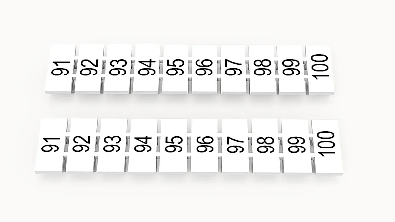 Марк.  полоска ZB6-10P-19-124Z(H) - Маркировочные шильдики для клемм WS…, DC…, PC…, сечением 4 мм кв., центральная, 10 шильдиков нанесенные символы: 91-100, с горизонтальным расположением, размер шильдика: 5,55х10,7 мм, цвет белый