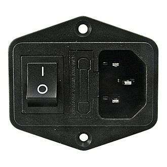 AC-014 - Разъем питания серии AC, вилка 3-х полюсная с выключателем и держателем предохранителя 5х20, фланцевое крепление, 10А 250В, черный цвет клавиши