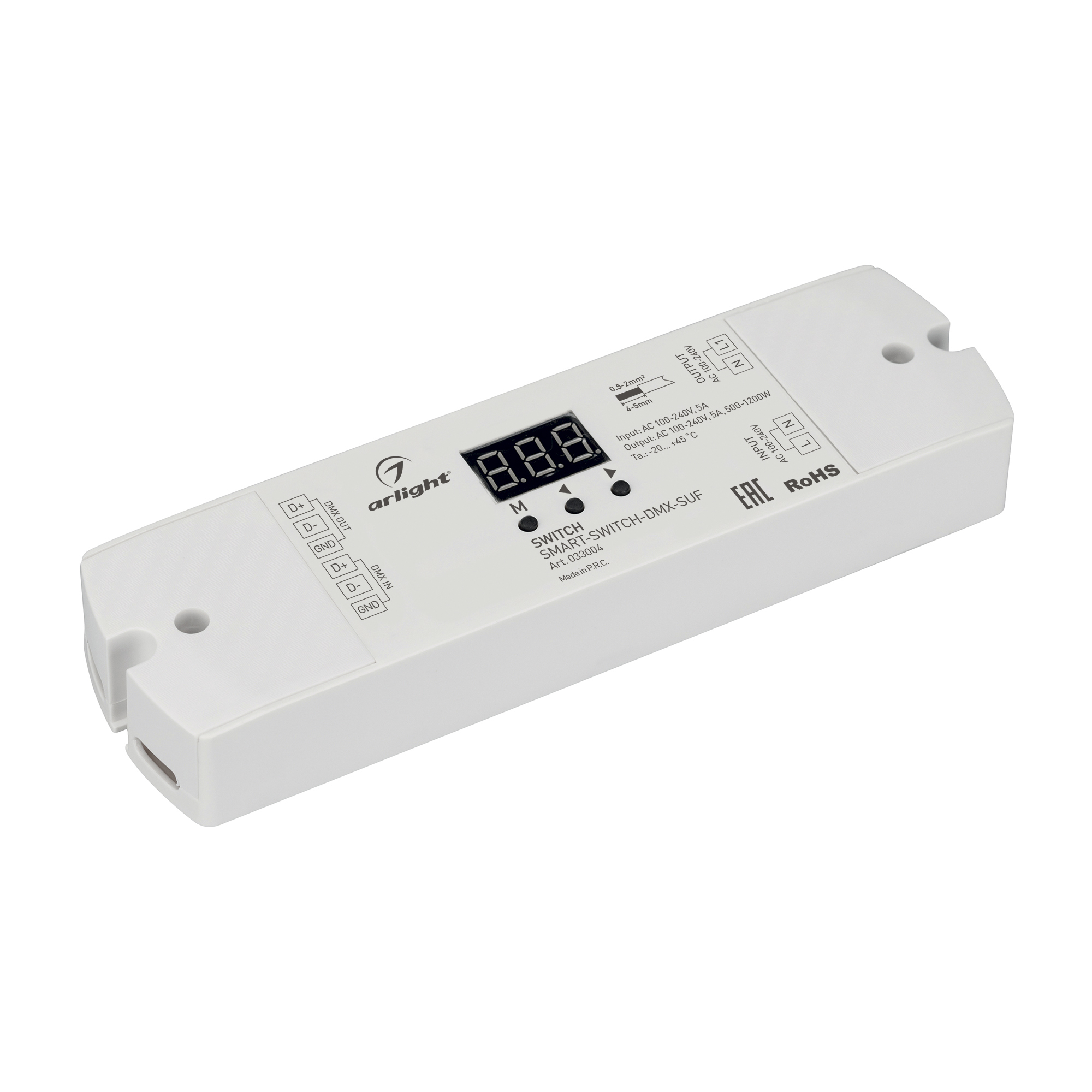 Выключатель SMART-SWITCH-DMX-SUF (230V, 5A) 033004 - DMX-выключатель для любых видов нагрузки AC 230V, в том числе и гибкого неона. Напряжение питания AC 100-240V, максимальный ток нагрузки 5А, максимальная мощность при AC 230V - 1150W. DMX адрес задается