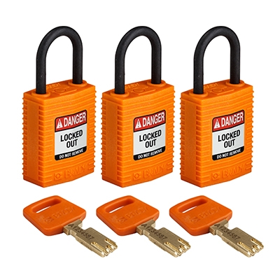 gws150194 - Замки SafeKey нейлоновые компактные, нейлоновая дужка, высота дужки – 25 мм, диаметр дужки – 4.3 мм, нейлоновый корпус, размеры корпуса – 43х32х19 мм, система "Одинаковые ключи", цвет – оранжевый, 3 шт/упак