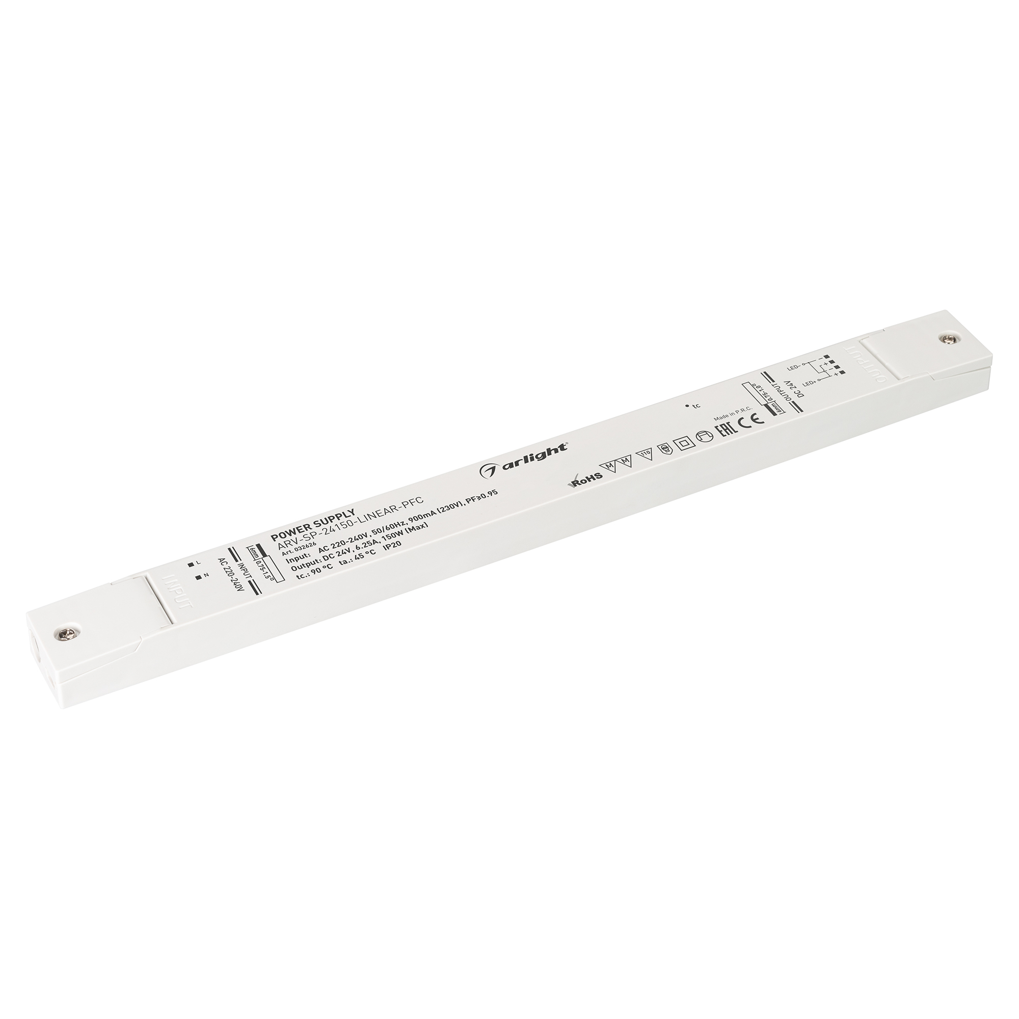 Блок питания ARV-SP-24150-LINEAR-PFC (24V, 6.25A, 150W) 032626 - Источник напряжения с гальванической развязкой для светодиодных изделий. Входное напряжение 220-240 VAC. Выходные параметры: 24 В, 6.25 А, 150 Вт. Встроенный PFC >0.95. Тонкий пластиковый ко