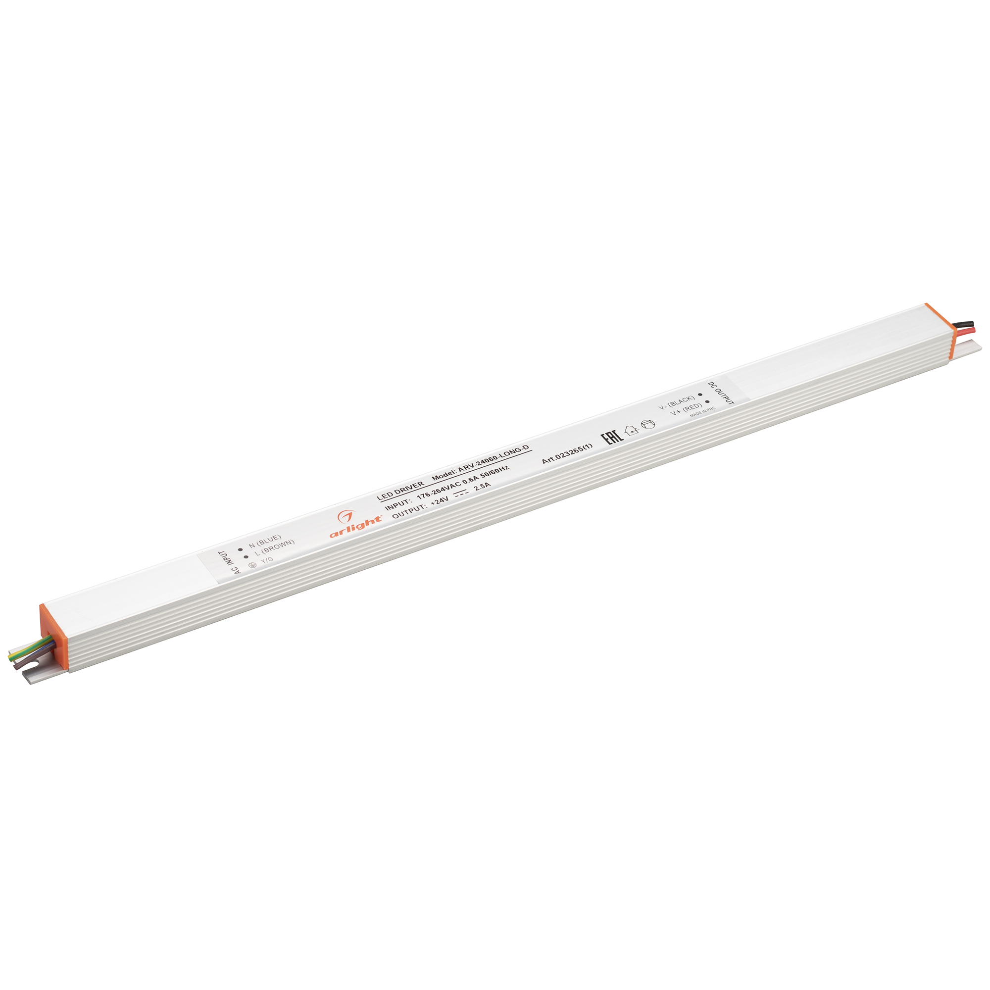 Блок питания ARV-24060-LONG-D (24V, 2.5A, 60W) 023265(1) - Источник напряжения с гальванической развязкой для светодиодных изделий. Входное напряжение 200-240 VAC. Выходные параметры: 24 В, 2.5 А, 60 Вт. Встроенный PFC >0.5. Негерметичный алюминиевый корп