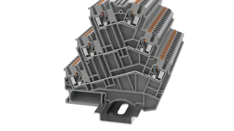 Этажная клемма DSS2.5-3L-01P-11 - Этажная клемма, тип фиксации провода: Push-in, номинальное сечение: 2.5 мм кв., 20A, 500V, ширина: 5,2 мм, цвет: серый, втычная перемычка, тип монтажа: DIN35
