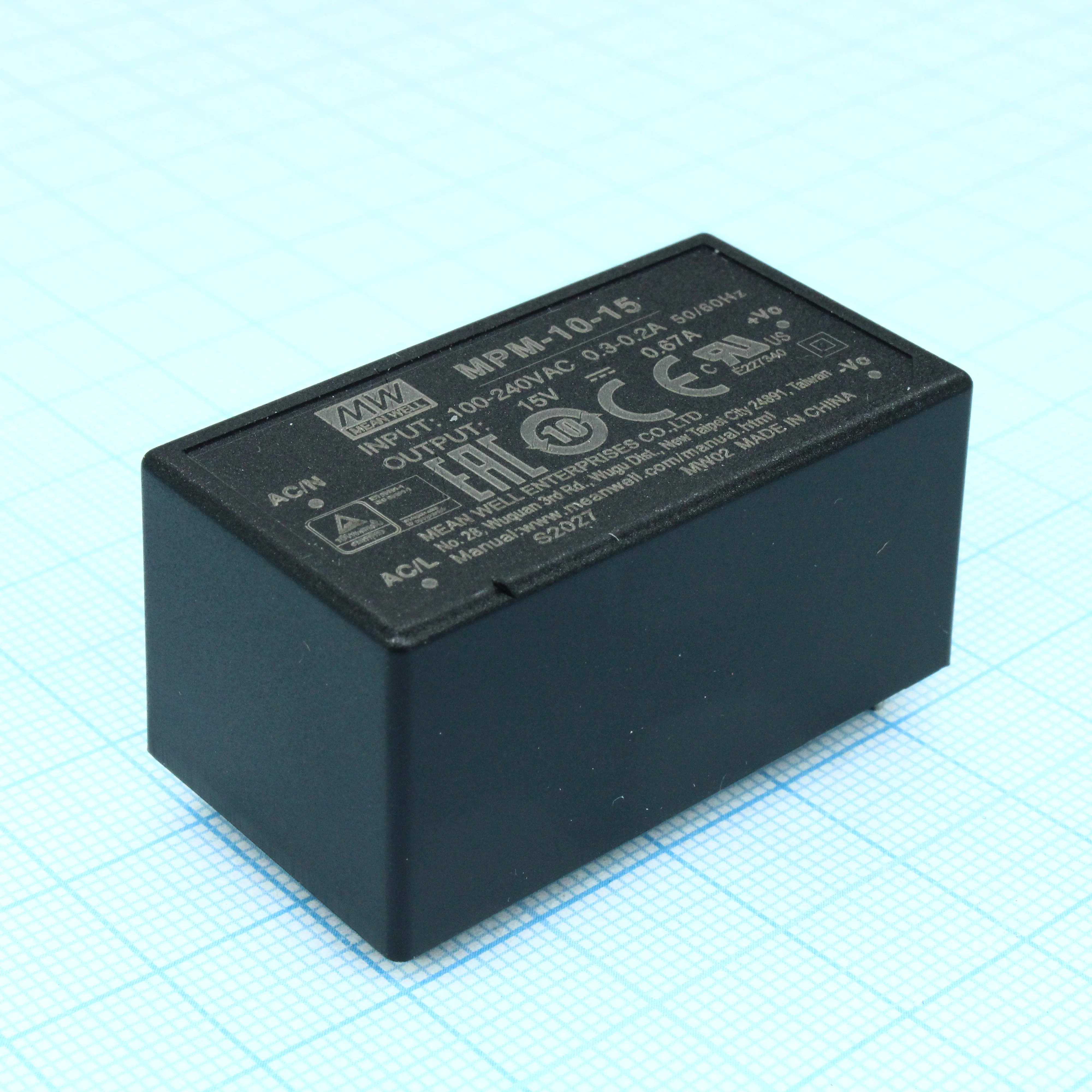 MPM-10-15 - AC-DC med, 10Вт, вход 80...264В AC 47...440 Гц, выход 15В/0.67А, изоляция 4000В AC, на плату, 45.7х25.4х21.5мм, -40...+85°C