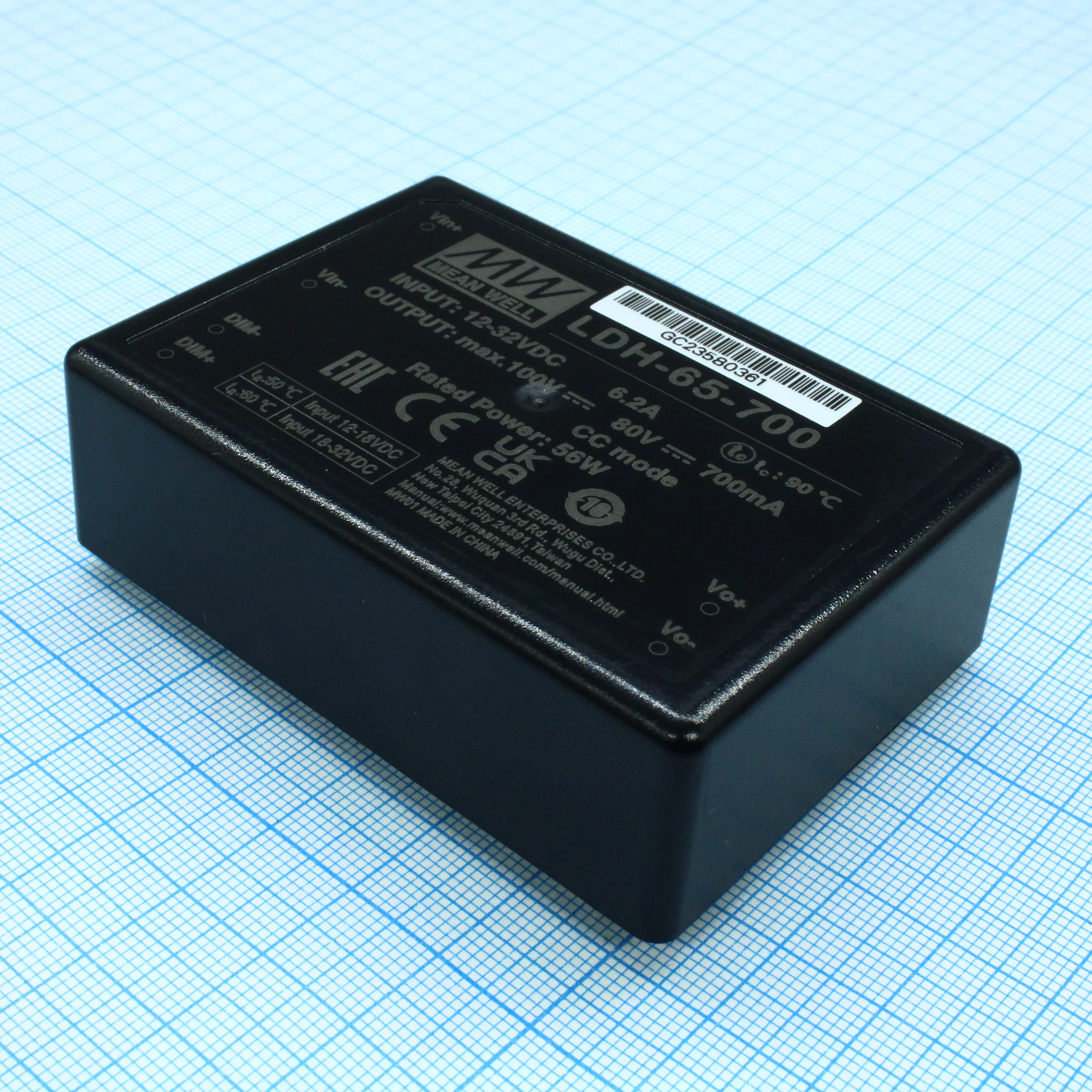LDH-65-700 - DC/DC LED повышающий, вход 9.5…32В, выход 12.5…80В/0.7А, КПД до 95%, DIMM, 75x53x22.7мм, DIP, -40…50/60°C, пластик