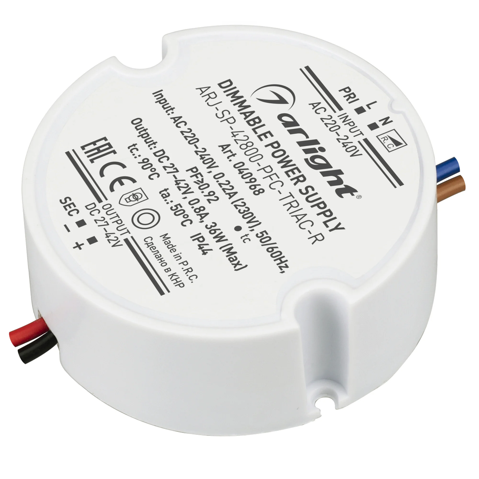 Блок питания ARJ-SP-42800-PFC-TRIAC-R (36W, 27-42V, 800mA) 040968 - Диммируемый источник тока по стандарту TRIAC с гальванической развязкой для светильников и мощных светодиодов. Входное напряжение 220-240 VAC. Выходные параметры: 27-42 В, 800 mА, 36 Вт. 