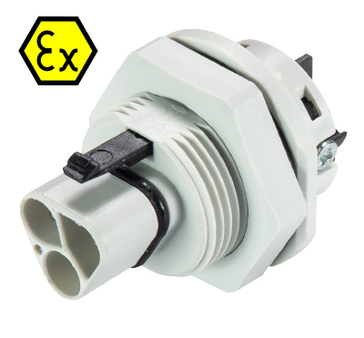 Разъем RST20I3SXS1 M01VGL X6.032.5053.0 - Взрывозащищенный вилочный разъем в панель, М25, IP68(69k), 3 полюса, винтовая фиксация провода, номинальные характеристики: 250/400V, 20A, цвет: белый, серия RST Ex