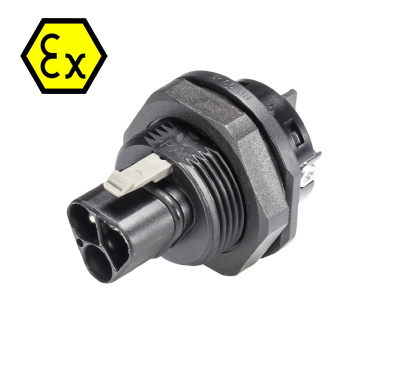 Разъём RST20I3SXS1 M01 взрывозащита - Взрывозащищенный вилочный разъем в панель, М25, IP68(69k), 3 полюса, винтовая фиксация провода, номинальные характеристики: 250/400V, 20A, цвет: черный, серия RST Ex