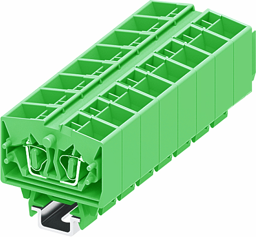 Клемма мини 254396 - Мини клемма, верхний подвод кабеля, 4 точки подключения в клемме, тип фиксации провода: пружинный, номинальное сечение: 2,5 мм кв., 24A, 800V, цвет: зеленый, тип монтажа: DIN15