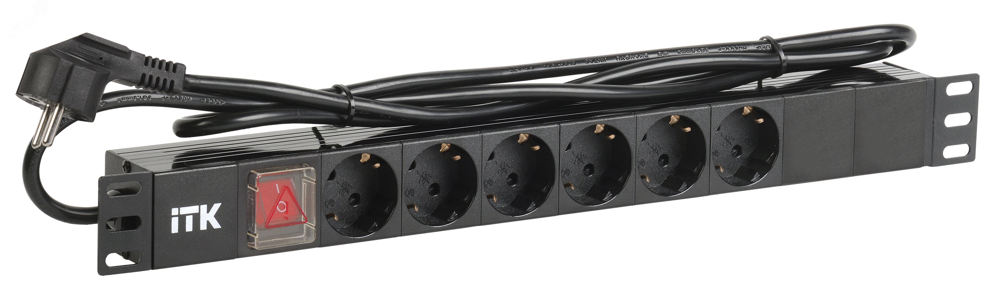 Блок розеток (PDU) 6 розеток DIN49440 с LED выключателем 1U шнур 2м вилка DIN49441 профиль из ПВХ черный (нем.станд) PH12-6D1-P